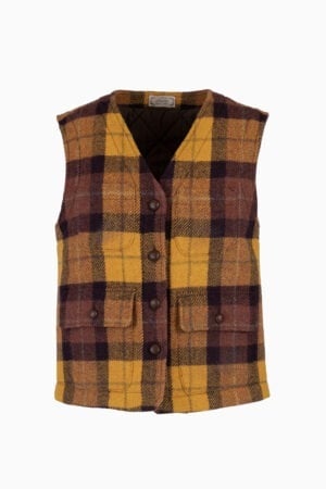Gilet Imbottito in Lana Inglese – Tartan Ocra e Bordeaux